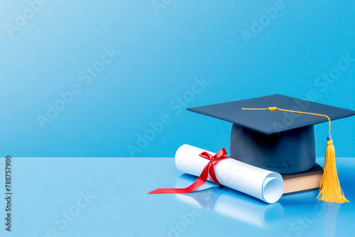 Graduationshut und Zeugnis vor blauen Hintergrund  photo