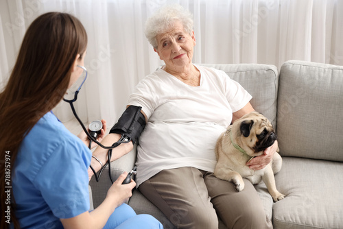 Senior woman with pug dog a...