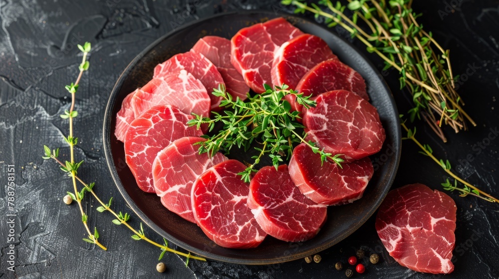 A plate of raw meat with herbs and spices on a black table, AI