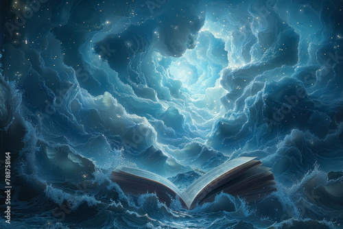 mystical open book illuminating a dark stormy ocean with light, revealing hidden worlds and stories
