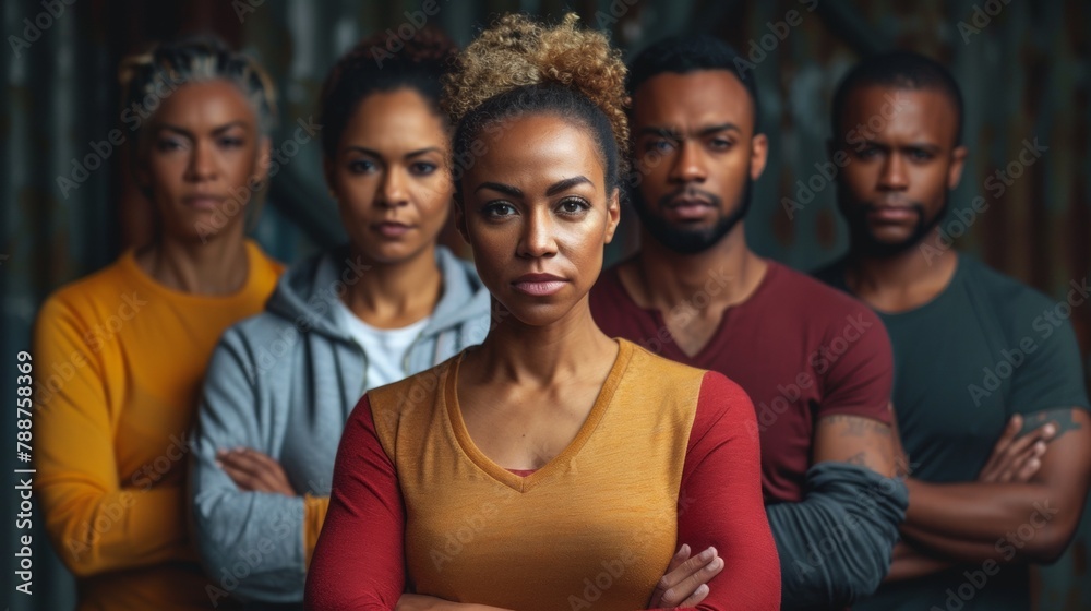 A group of people standing in a row with their arms crossed, AI