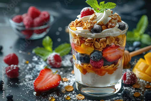 delicious layered fruit and yogurt parfait with granola, fresh berries, and mint on a dark background photo