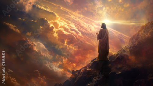 Radiant light bathes Jesus as he prays on the mountaintop  his form blending harmoniously with the ethereal  cloud-streaked heavens.