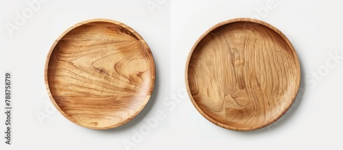 Top and side view of a wooden plate without any contents, placed against a white backdrop.