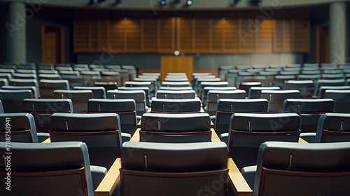 Empty Auditorium with Rows of Seats and a Podium, Ready for a Lecture