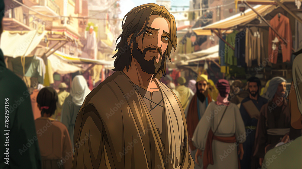 Jesus performing miracles amidst a bustling marketplace, depicted with dynamic anime flair. His kind eyes radiate determination and compassion as he heals and helps those in need. Jesus performing miracles amidst a bustling marketplace, depicted with dynamic anime flair. His kind eyes radiate determination and compassion as he heals and helps those in need.