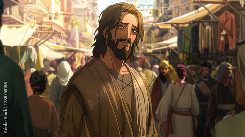 Jesus performing miracles amidst a bustling marketplace, depicted with dynamic anime flair. His kind eyes radiate determination and compassion as he heals and helps those in need.
