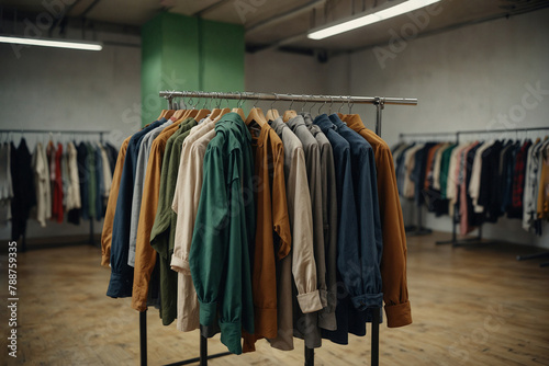 Clothes hanging on a rack in second-hand clothing store. Slow fashion. Fashion sustainability. © Александр Поташев