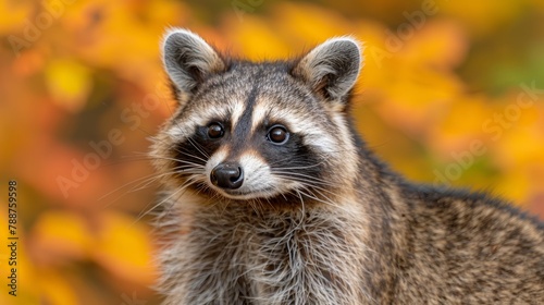  A tight shot of a raccoon against a backdrop of indistinct yellow and orange tree leaves