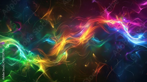 Wavy cosmic colorful fractal image mesmerizing art piece of vibrant magenta  purple  violet  yellow and green hues with mysterious light in darkness
