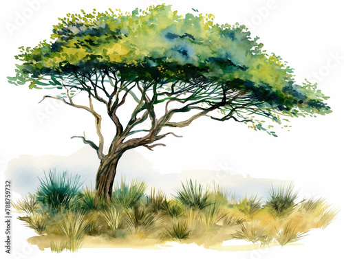Watercolor Illustration of safari tree on white