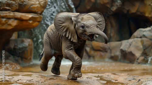 Elephant calf running by a waterfall in natural landscape