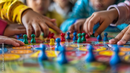 Childrens hands move game pieces on a colorful board in a closeup shot, highlighting the tactile and engaging nature of the activity