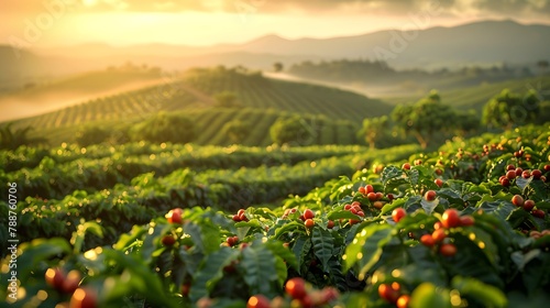 Sun Setting Over Coffee Bean Field. Generative AI