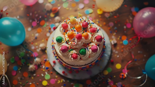 A festive scene with a birthday cake placed on a table, surrounded by colorful balloons