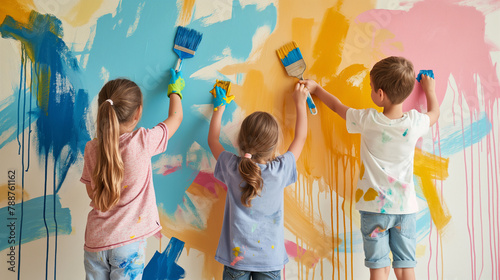 Children painting walls and adding personal touches to their play areas. Happiness, love, sincerity, team, knowledge, desire to live