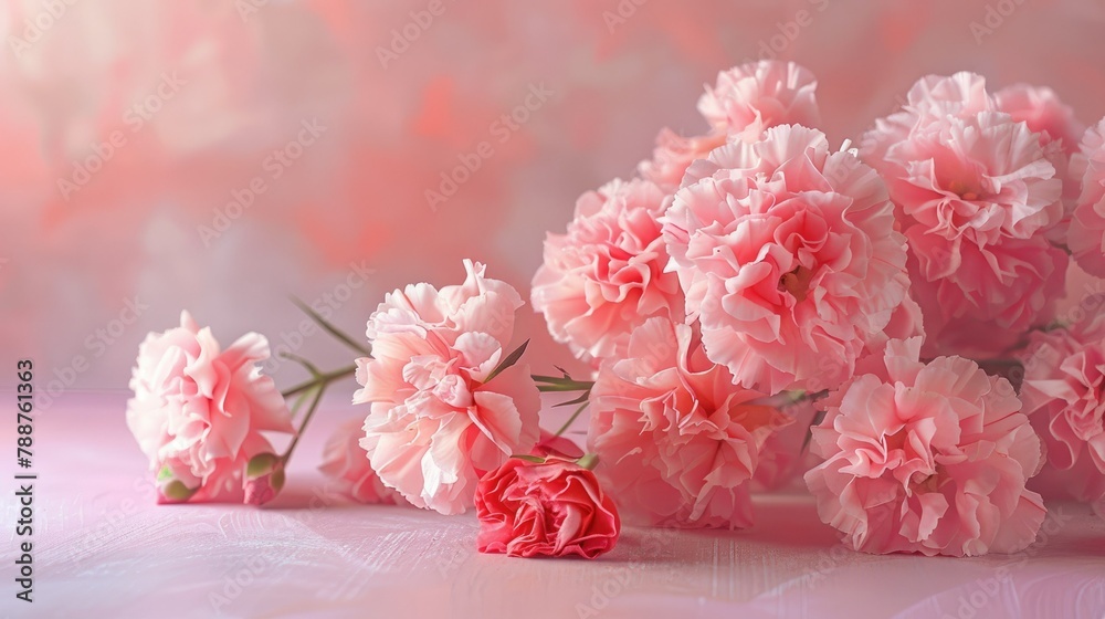 Create a charming Mother s Day holiday greeting design featuring a beautiful carnation bouquet set against a soft pastel pink table background Create a charming Mother s Day holiday greeting design featuring a beautiful carnation bouquet set against a soft pastel pink table background