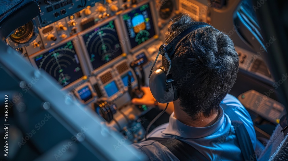 A man, in pilot training, sits in a cockpit replica of an airplane wearing headphones