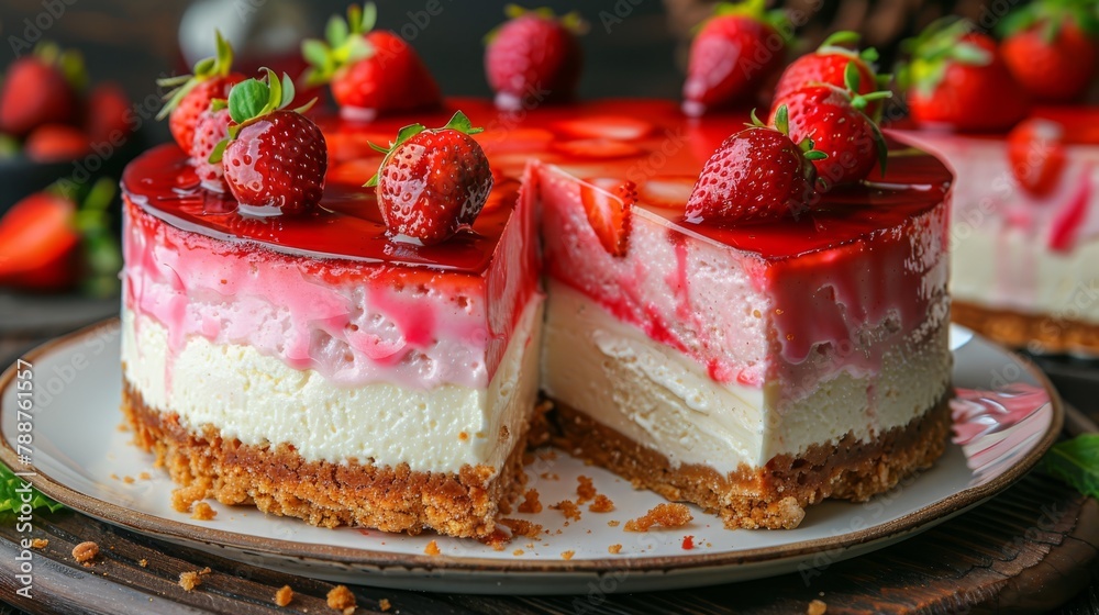A tight shot of a cake slice on a plate, the remainder whole Strawberries atop A tight shot of a cake slice on a plate, the remainder whole Strawberries atop