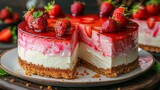   A tight shot of a cake slice on a plate, the remainder whole Strawberries atop