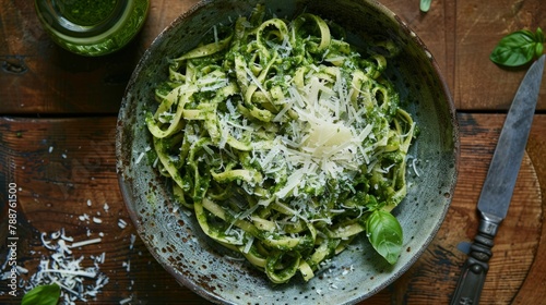 A bowl filled with pesto tagliatelle and grated Parmesan cheese on a rustic surface