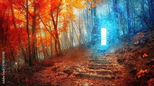 Stairs leading up to the door of light in the autumn forest. The trees are red and orange, there are fallen leaves on the ground. The stairs are made of stone.