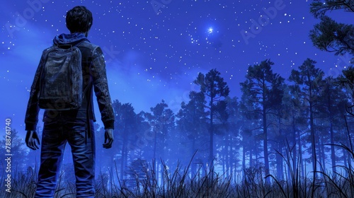 A person wearing a backpack stands in a field at night, looking up at the stars.