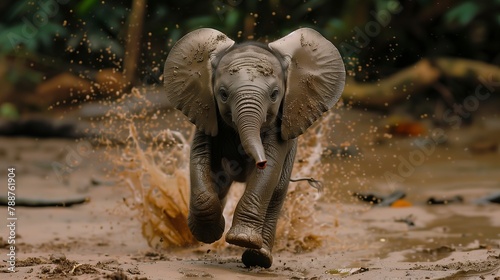 A Terrier is playing in the muddy soil, resembling a baby elephant