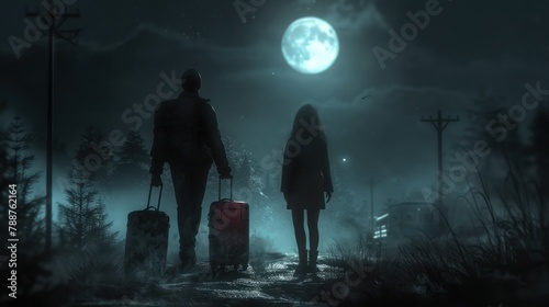 Mesmerizingly beautiful: a couple with luggage is driving home in the middle of the forest at night under the bright moonlight.