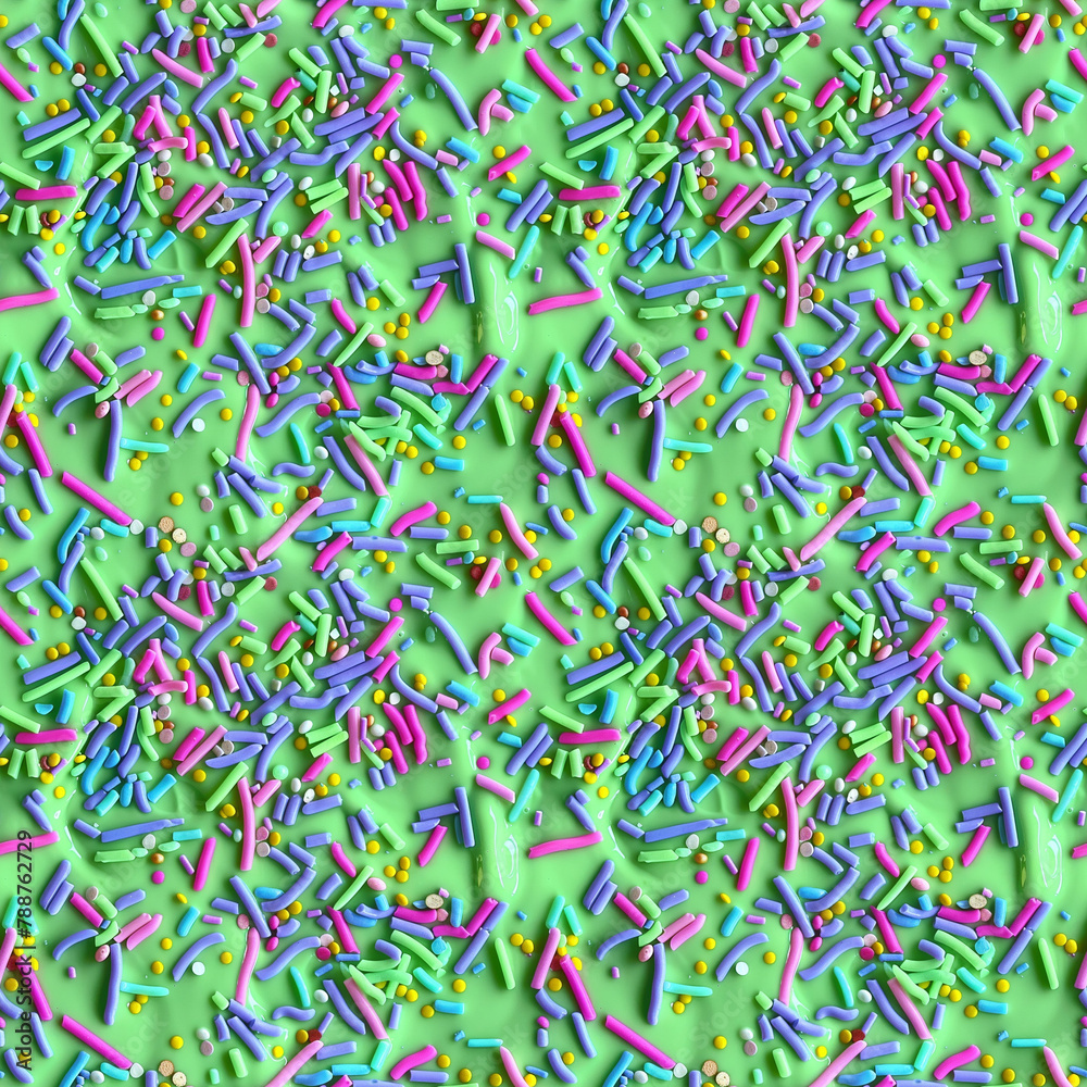 rainbow sprinkles on a green icing background, repeatable seamless background tile
