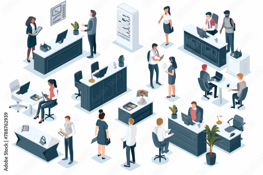 Bank office interior. Men and women customers communicate with employees of the credit department. Bank employees providing services 3D avatars set vector icon, white background, black colour icon