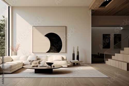 Minimalist Living Room with Statement Art Piece, Neutral Furniture