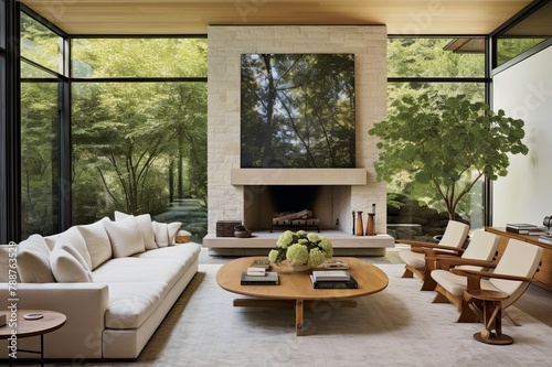 Elegant Living Room with A View of The Forest  Round Coffee Table with Books and Flowers