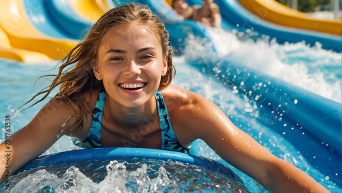 Portrait of a beautiful girl in a water park in summer vacation