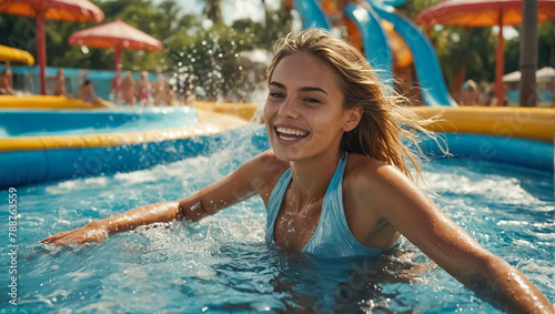 Portrait of a beautiful girl in a water park in summer activity