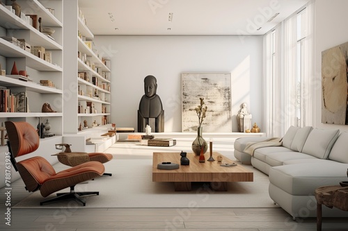 Contemporary Living Room with Artistic Design Elements, Stone Statue and Leather Mid Century Accent Chair