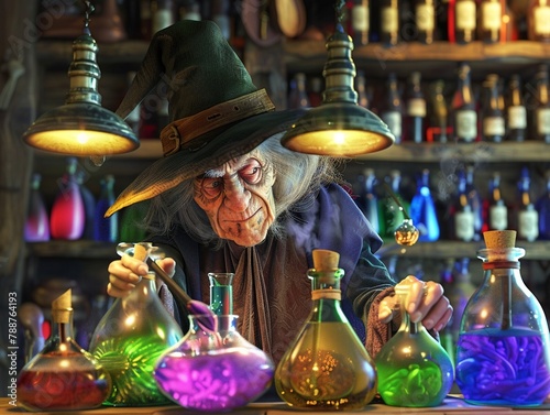 A winsome witch with a sinister smirk brewing colorful potions photo