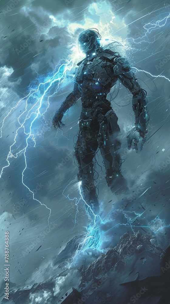 An exoskeleton user manipulating elemental powers to control weather phenomena An exoskeleton user manipulating elemental powers to control weather phenomena