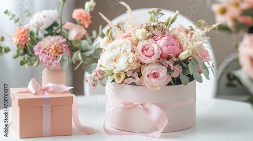 A stunning floral arrangement displayed in a chic round box and a lovely pink gift box adorns a pristine white table perfect for occasions like holidays birthdays weddings Mother s Day Vale photo