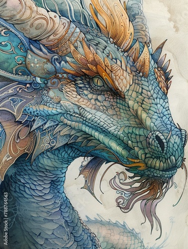 Capture the majestic beauty of a mythical dragon in intricate pen and ink detailing, showcasing every shimmering scale and fierce expression , 2d vibrant color illustate