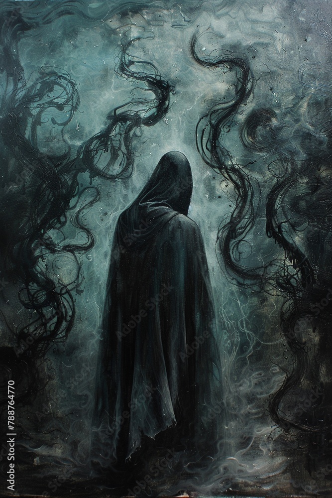 Delve into the realm of dark prophecy in a haunting oil painting depicting a cloaked figure surrounded by swirling shadows Capture the ominous atmosphere with dramatic lighting and intricate details