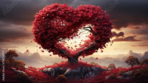 Red heart-shaped tree and pink heart leaves at a romantic sunset for Valentine's Day photo