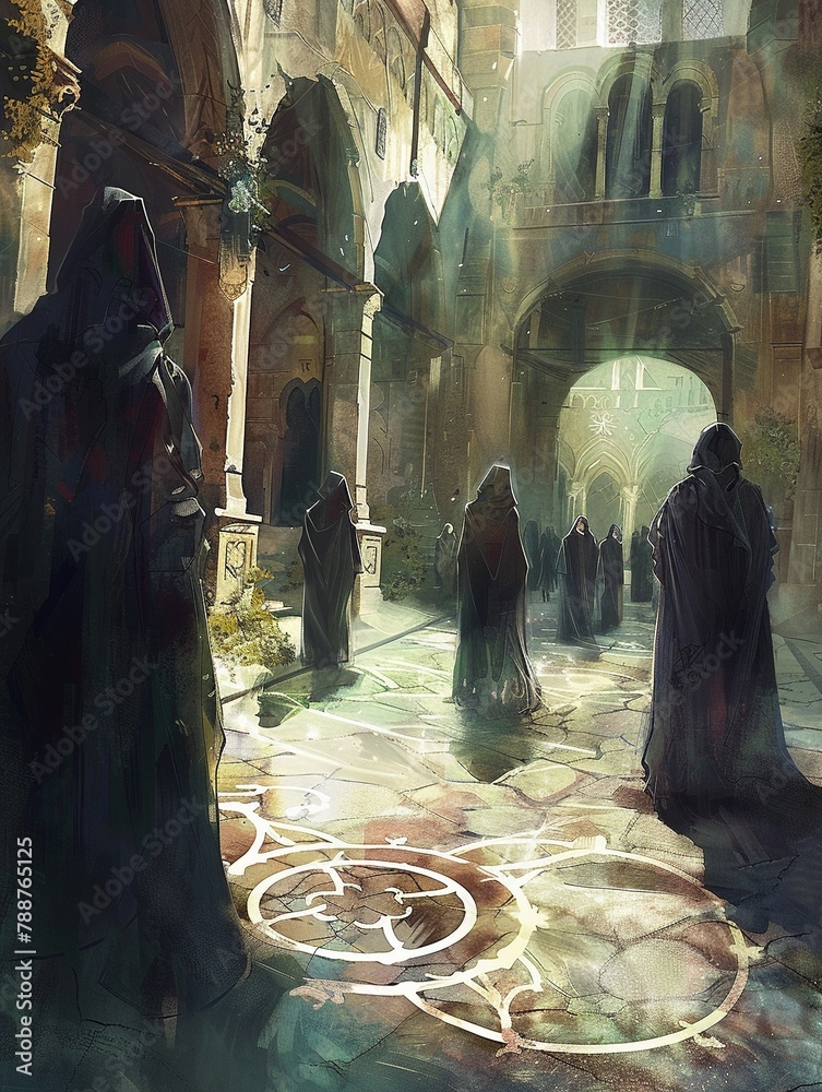 Illustrate an arcane academy courtyard in a detailed watercolor painting, featuring swirling magical sigils on the ground and mysterious shadowy figures in hooded robes , CGI VFX Style