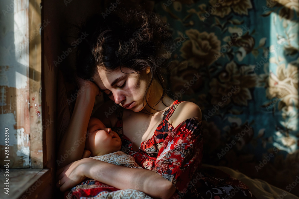 Mother holding newborn by window light, vintage interior. Maternal mental health concept. Design for healthcare, poster.