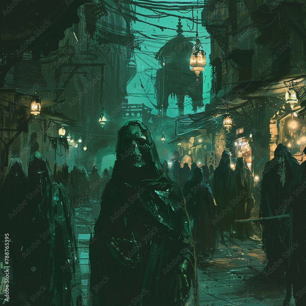 Timeless undead attending a night festival on a bustling promenade Timeless undead attending a night festival on a bustling promenade