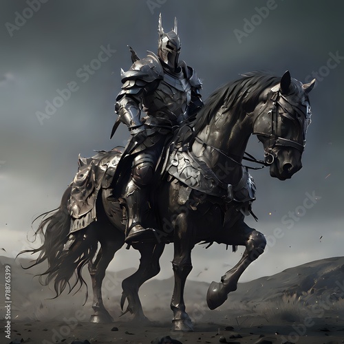 Possente cavaliere armato con armatura su cavallo potente protetto  photo