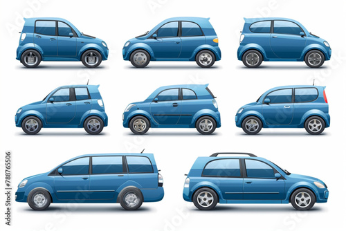 Blue city car in different types on a white background. Family hatchback 3D avatars set vector icon  white background  black colour icon