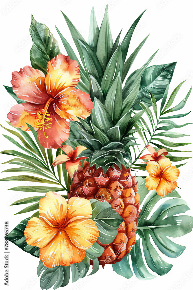 Summer watercolor illustration with fresh pineapple with tropical flowers and plants, exotic fruit concept Summer watercolor illustration with fresh pineapple with tropical flowers and plants, exotic fruit concept