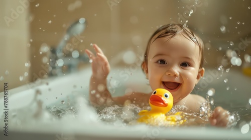 baby is joyfully splashing around in a bathtub filled with water, while holding a cute rubber duck toy