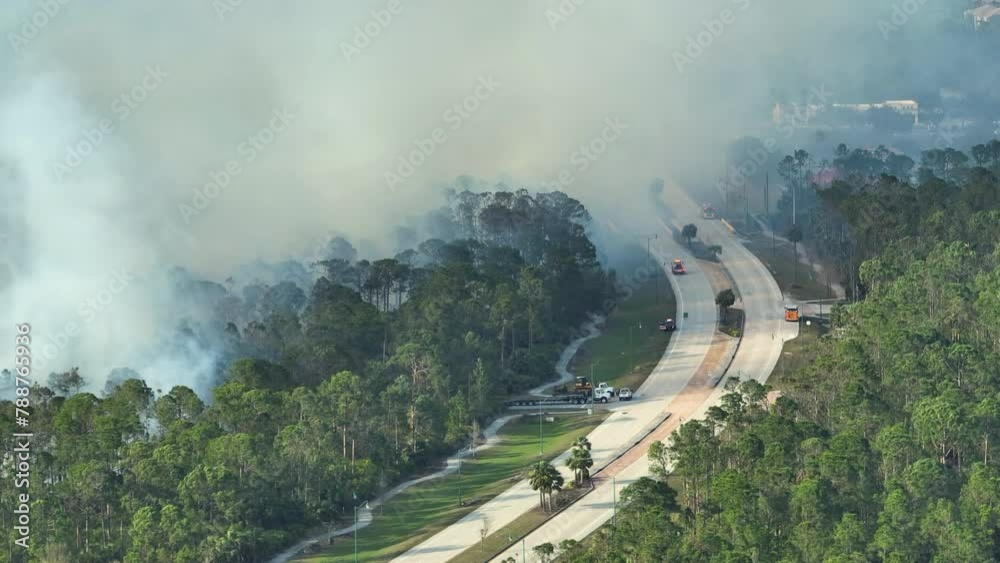 Fire department firetrucks extinguishing wildfire burning severely in Florida jungle woods. Emergency service vehicles trying to put down flames in forest Fire department firetrucks extinguishing wildfire burning severely in Florida jungle woods. Emergency service vehicles trying to put down flames in forest